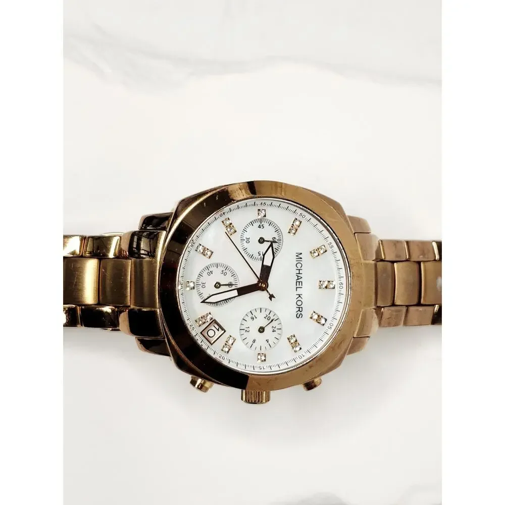 Michael Kors Rose Gold MOP Dial Crystal Chronograph Watch MK5336 New Battery